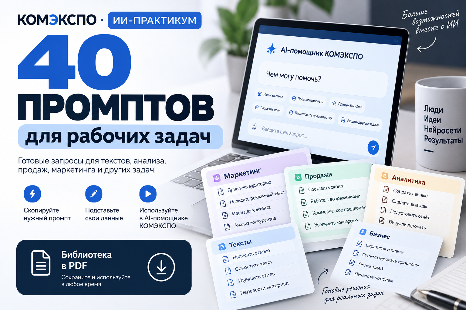 40 готовых промптов для рабочих задач: библиотека КОМЭКСПО
