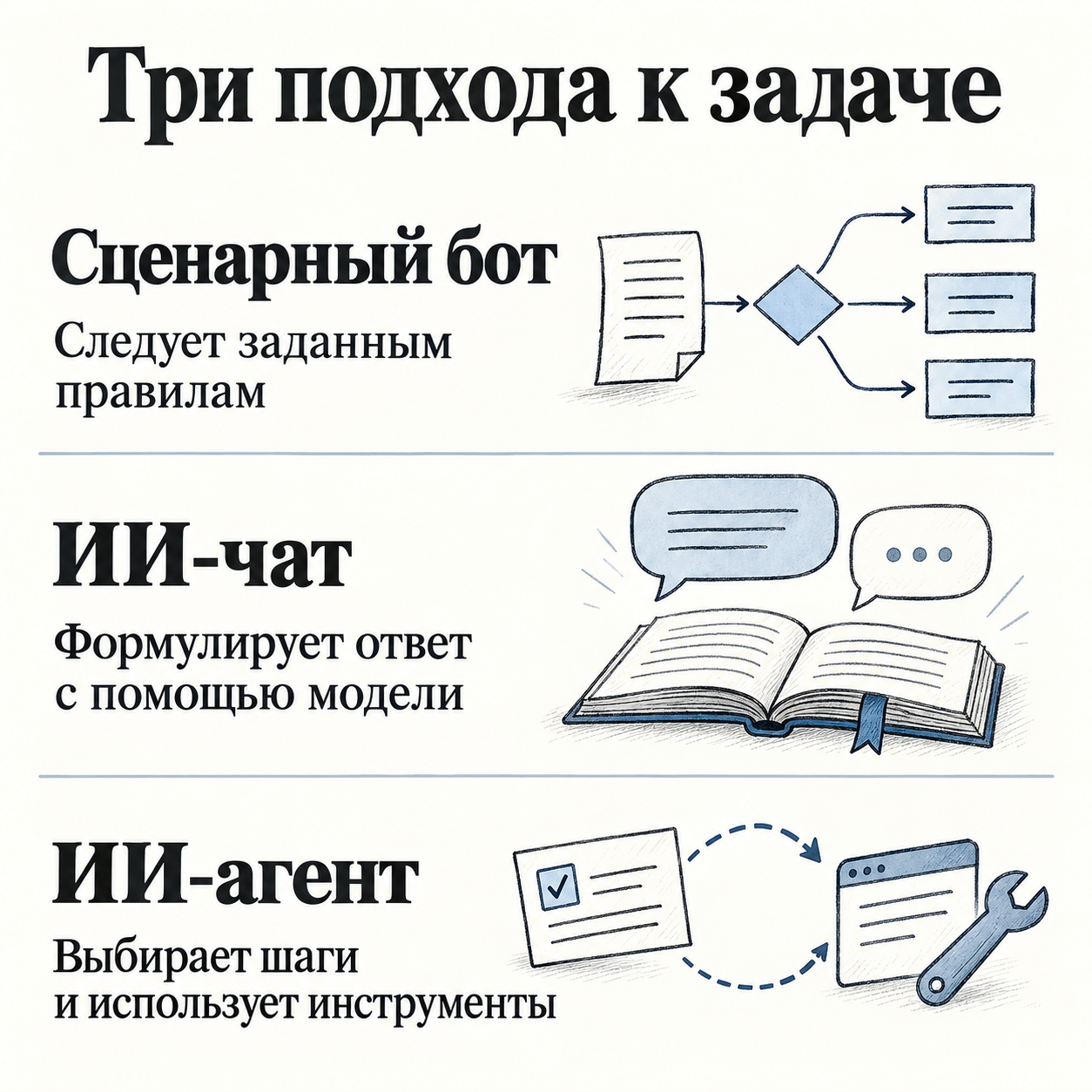 Три подхода: сценарный бот следует правилам, ИИ-чат формулирует ответы с помощью модели, ИИ-агент выбирает шаги и использует инструменты.
